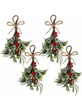 Red Mistletoe Picks Set of 4 9 Inch Frosted Christmas Floral Stems Wreath Garlan